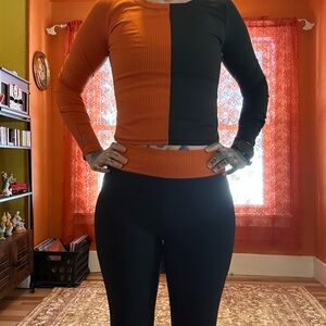 Colorblock Long Sleeve Top and Bottom - Orange and Black